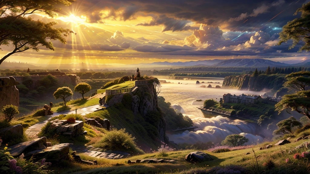 a beautiful large deep clear glowing blue lake with a mystical island in the centre, in a steep valley with huge dramatic mountains towering in the distance,fantasy fairytale, rocks plants flowers shrubs trees moss lawns grass redwoods vines weeds,colourful sunset storm and strong sunbeams,misty hazy,extreme details,photorealistic,4k,HD,beautiful,nature, dreamy, imaginative, incredible panorama