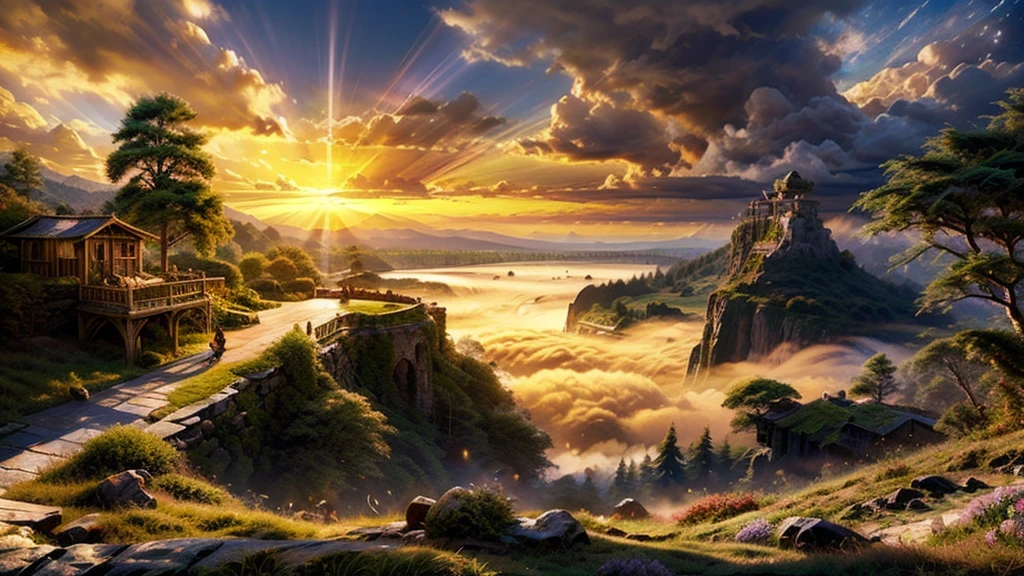 a beautiful large deep clear glowing blue lake with a mystical island in the centre, in a steep valley with huge dramatic mountains towering in the distance,fantasy fairytale, rocks plants flowers shrubs trees moss lawns grass redwoods vines weeds,colourful sunset storm and strong sunbeams,misty hazy,extreme details,photorealistic,4k,HD,beautiful,nature, dreamy, imaginative, incredible panorama