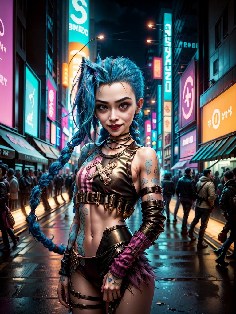 ((Jinx wears a Harajuku Tech costume), Cowboy-shot, wind, tousled hair, cyberpunk cityscape, (Aesthetics and atmosphere:1.2),smiling, Laugh，Super wide shot