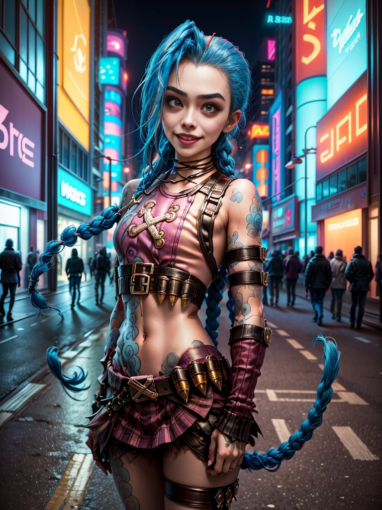((Jinx wears a Harajuku Tech costume), Cowboy-shot, wind, tousled hair, cyberpunk cityscape, (Aesthetics and atmosphere:1.2),smiling, Laugh,Super wide shot