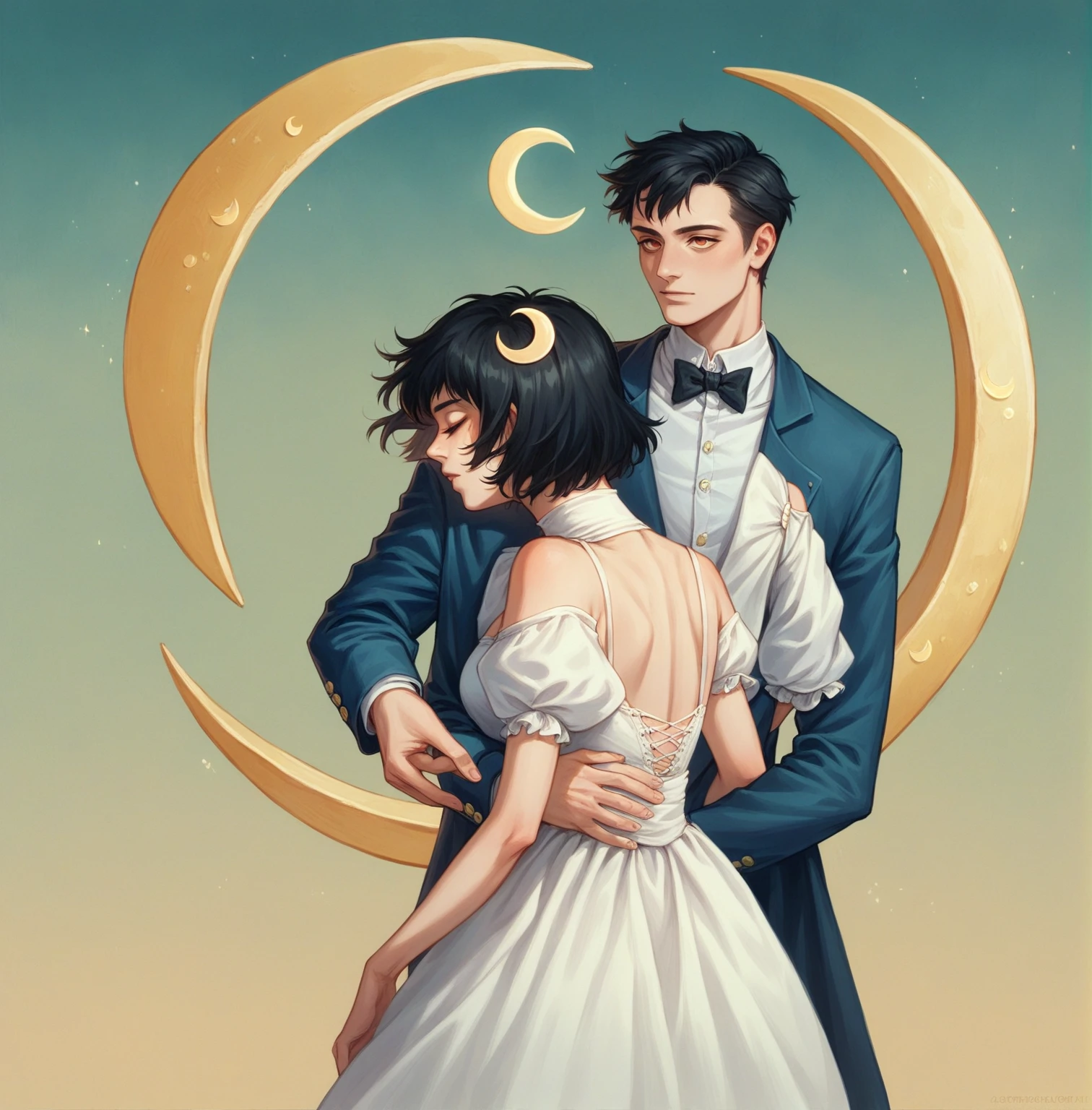 ((A couple in love)), ((woman with black hair wearing a white dress)), standing with ((a masculine man with short black hair, wearing a blue suit)) hair with lots of details, Artgerm style, inspired by Artgerm art, detailed portrait, stunning detailed face portrait, beautiful waist up portrait, Artgerm style painting, ((night sky in the forest with crescent moon background))