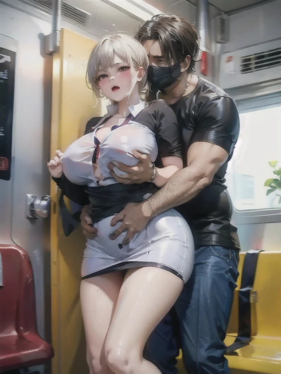 ((Highest quality)), ((masterpiece)), (detailed), One Girl,(Knee-length),Cosplay,Big Breasts,(White Denim Mini Skirt),(Black Shirt),(Open Chest Button),22-year-old woman,(Naughty look),((Excited expression)),Browsing Caution,nswf Japanese,(attractive appearance),atmosphere,Remote control rotor,pink remote control,blush,train(A fat man hugs me from behind),(Girl surrounded by old people),(trainの中で男に触られてる),(A look that seduces a fat man),(A fat man touching a girl)