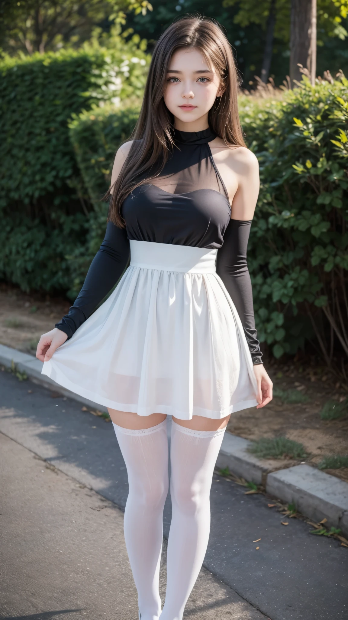 Beautiful 18-year-old brunette girl wearing a dress with a deep neckline and short tights with thick legs