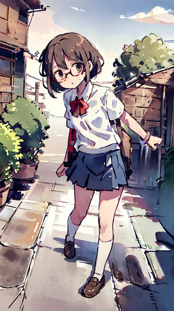 Nsfw、masterpiece, high quality, 4K, HDR,, Stable Diffusion prompt:  schoolgirl with short、brown hair and red-framed glasses, wearing a white blouse and navy skirt, white panties visible, navy socks and brown loafers, in a state of arousal and trembling with sexual climax,simple illustration style, in a nichijou (everyday life) setting