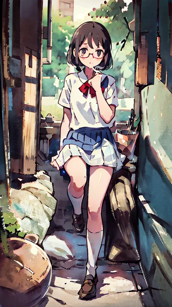 Nsfw、masterpiece, high quality, 4K, HDR,, Stable Diffusion prompt: schoolgirl with short、brown hair and red-framed glasses, wearing a white blouse and navy skirt, white panties visible, navy socks and brown loafers, in a state of arousal and trembling with sexual climax,simple illustration style, in a nichijou (everyday life) setting