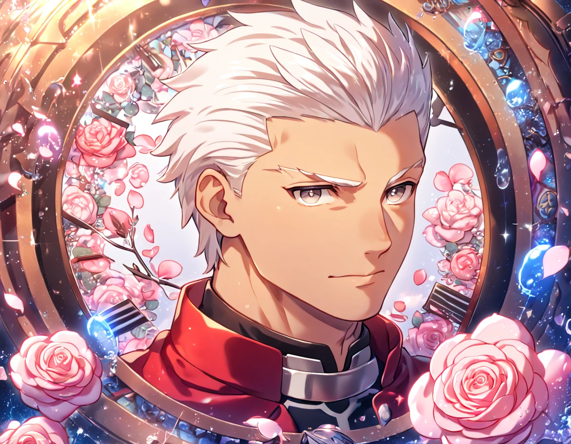 absurdres, highres, ultra detailed, HDR, masterpiece, extremely detailed, Archer, white hair, expressive gray eyes, Fate Stay Night, solo, sexy man, handsome, sensual, red coat, close up, water, magical, fantasy, glittering, shining, pink roses, blossoms, petals, in woderland, clock, manly man, tanned skin