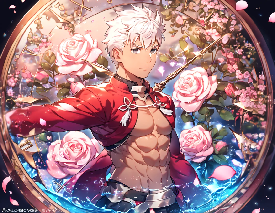 absurdres, highres, ultra detailed, HDR, masterpiece, extremely detailed, Archer, white hair, expressive gray eyes, Fate Stay Night, solo, sexy man, handsome, sensual, red coat, close up, water, magical, fantasy, glittering, shining, pink roses, blossoms, petals, in woderland, clock, manly man, tanned skin