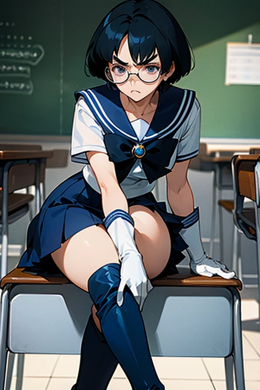 A black-haired, bob-cut, glasses-wearing mature woman dressed as Sailor Mercury in white gloves and blue boots with a displeased look on her face in the classroom Thick eyebrows
