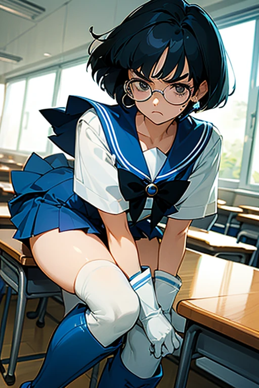 A black-haired, bob-cut, glasses-wearing mature woman dressed as Sailor Mercury in white gloves and blue boots with a displeased look on her face in the classroom Thick eyebrows
