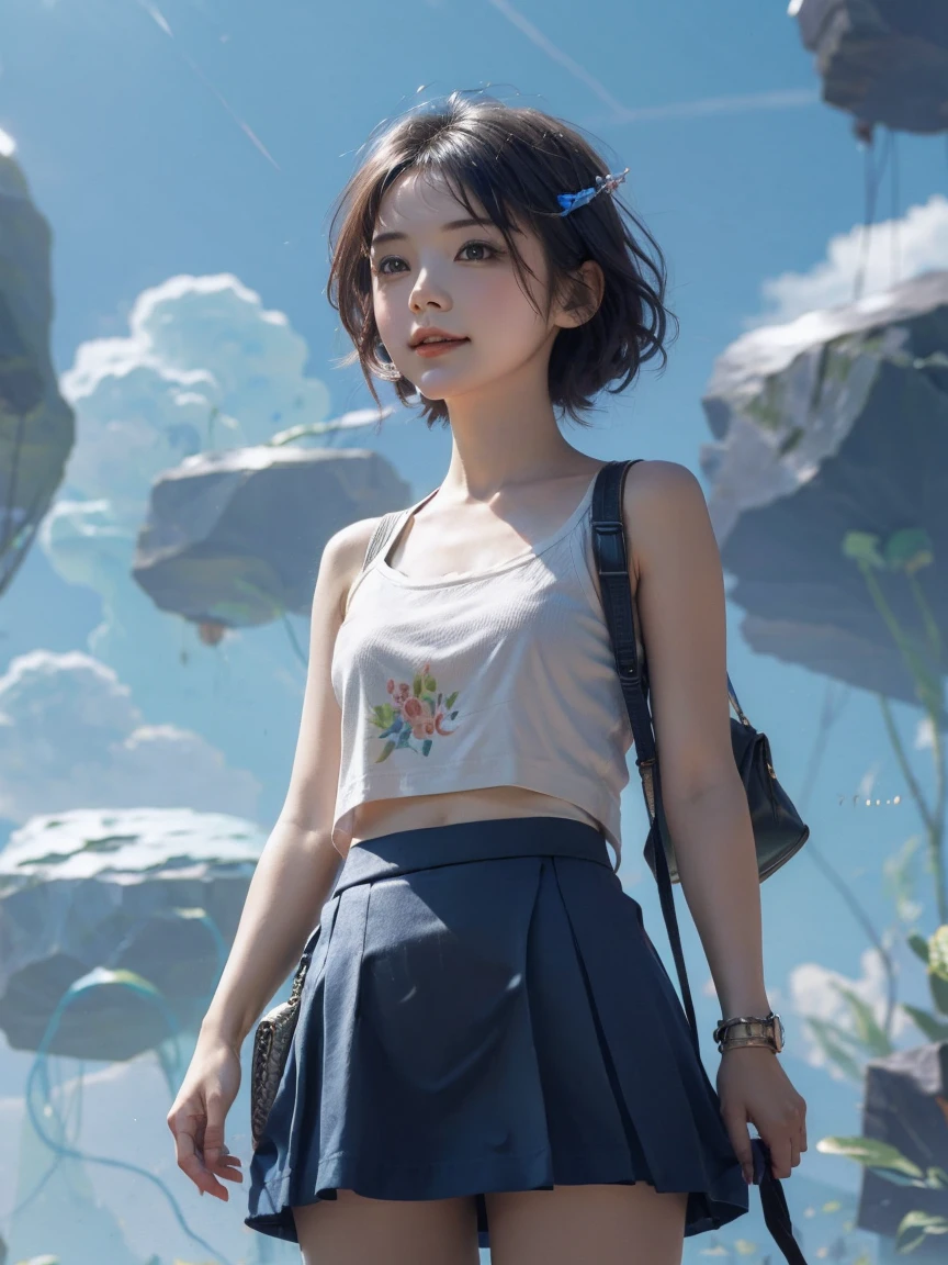 cute young short hair girl chilling around the city, the sky are blue and very happy joyful day, she is wearing a modern shirt with cute flower skirt, soft color