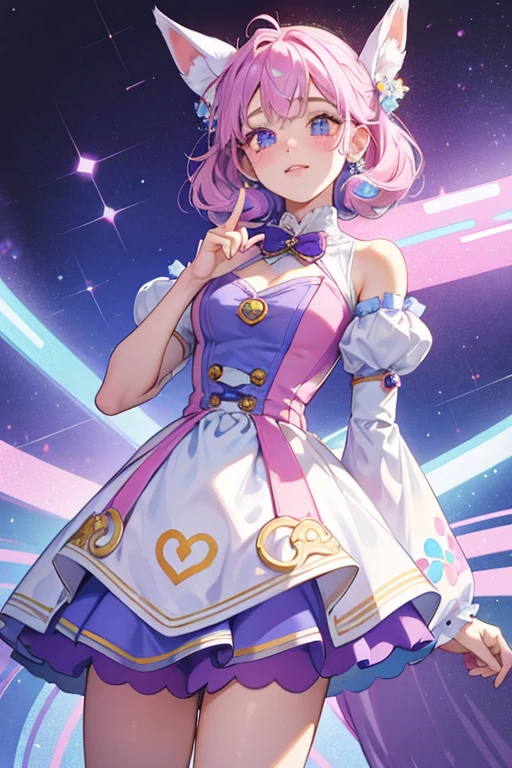 Smorey is a white girl puppy with pink ears and blue legs. she have pink, purple, yellow and blue sprinkle-shaped decals on their body and a blue spot around her left eye. she have purple blush decals. SPARKLE; GLITTER