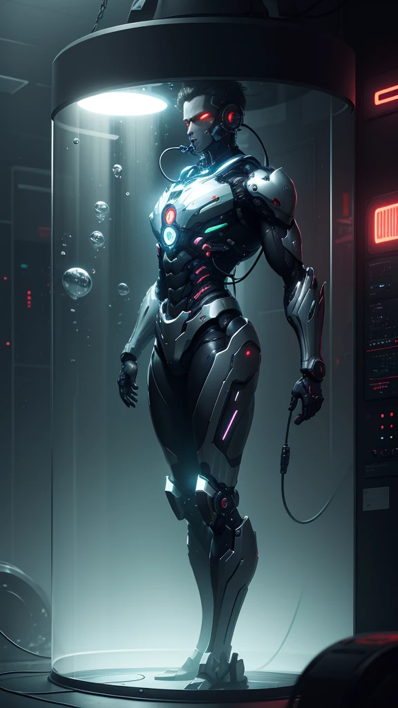 ((masterpiece)), ultra detailed cg render of a cyborg suspended by wires, male robot , (underwater:1.3), close up, machine man, mechanical arms, cyberpunk style, technological, dark, reflections, superficie scattering, 8k, badass, cinematic, glowing eyes,metal head, lights on the chest, wires, tubles, wires coming out the cyborg, neon lights, ominous atmosphere, bubbles, (intricate), UHD, finalelly detailed, high res, realistic, wallpaper, cybertech, dramatic lighting, a danger that awaits, artificial life,unethical, scary, horror. strong, cultivation tank, underwater,