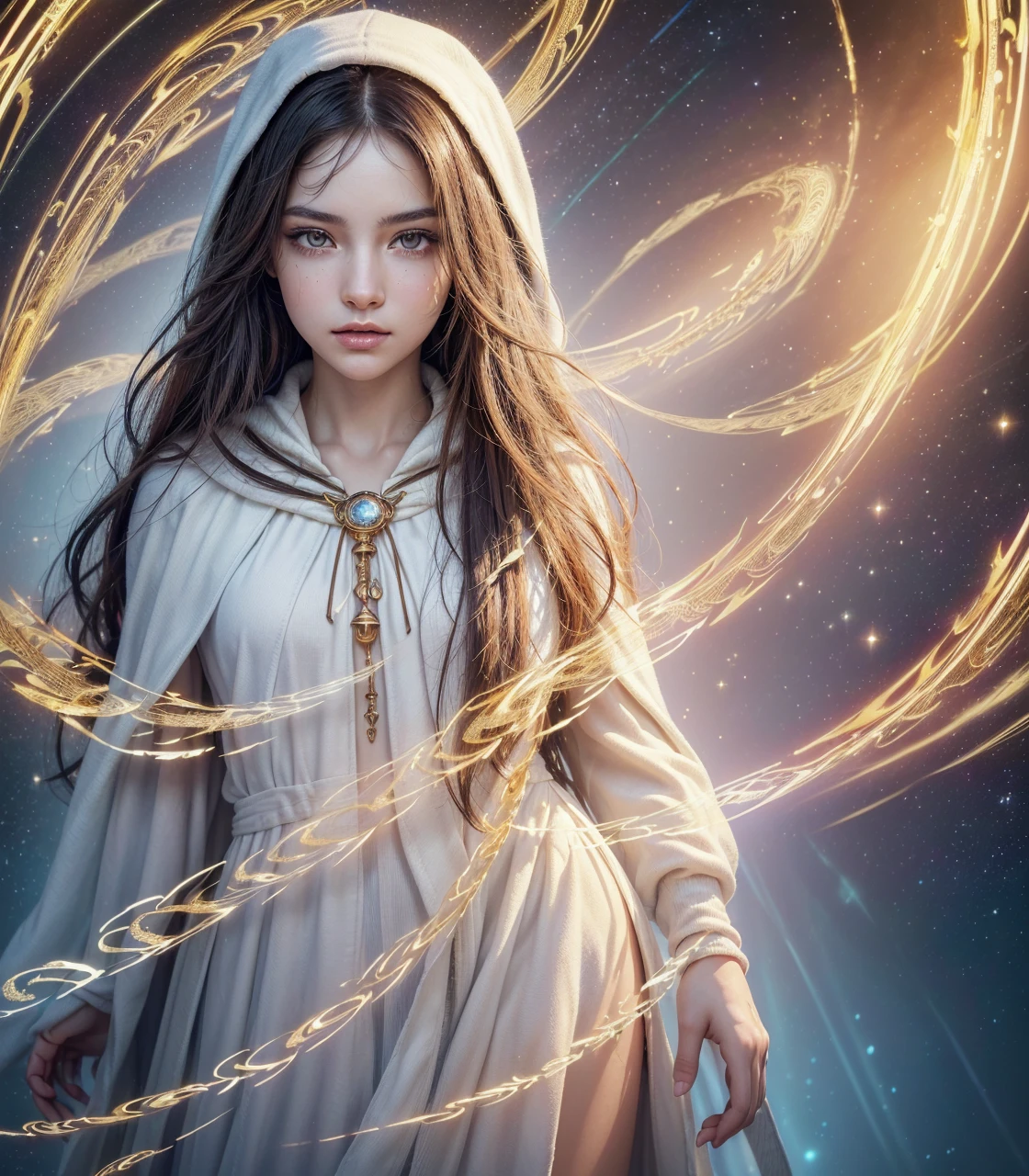 (work of art, Maximum quality, best qualityer, offcial art, beautiful and aesthetic:1.2), (1 girl), extremely detailed eyes, (Fractal Art:1.3), colorfully, More Detailed, (face perfect), shining skin, HDR, (white cloak golden lines:1.2), Galaxy, (light stripes), stunning visuals, (dynamic stripes, luminous trails:1.2), swirly vibrant colors, (Phoenix), (Dragon)