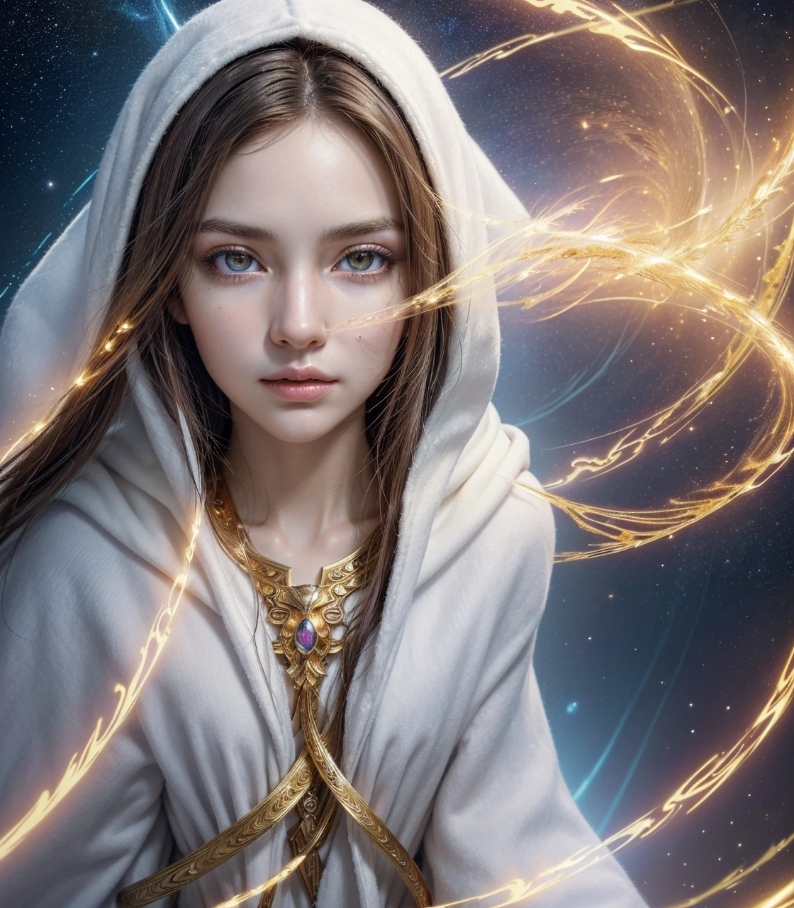 (work of art, Maximum quality, best qualityer, offcial art, beautiful and aesthetic:1.2), (1 girl), extremely detailed eyes, (Fractal Art:1.3), colorfully, More Detailed, (face perfect), shining skin, HDR, (white cloak golden lines:1.2), Galaxy, (light stripes), stunning visuals, (dynamic stripes, luminous trails:1.2), swirly vibrant colors, (Phoenix), (Dragon)