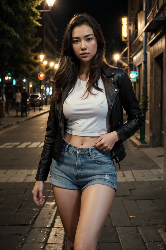 Jessica Henwick with long brown hair wearing a black leather jacket, a white t-shirt, and denim shorts, standing in a city street, (best quality,4k,8k,highres,masterpiece:1.2),ultra-detailed,(realistic,photorealistic,photo-realistic:1.37),beautiful detailed eyes,beautiful detailed lips,extremely detailed eyes and face,longeyelashes,urban environment,city buildings,street lamps,cinematic lighting,warm tones