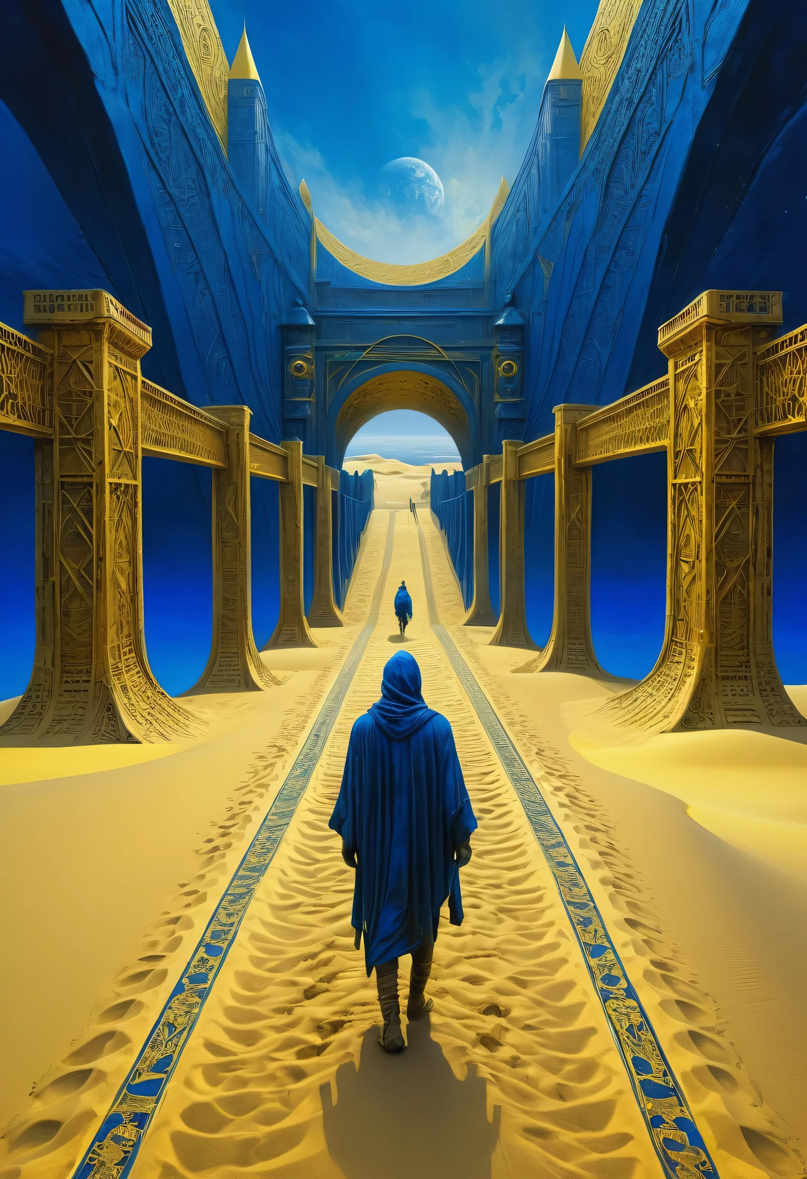 Crazy futuristic dude joining on his dream, crossing bridges and gates, new world coming into his eyes, fantastic creatures on big dunes of golden yellow sand, bizarre surrealistic storytelling of multiple happenings, high relief texture like plaster, high tech ornaments, horror movie scene, dark blue and light yellow, blue and yellow, royal blue and golden yellow, 4D, 8K, photorealistic, dreamlike, big and complex composition, masterpiece, artwork by Jeremy Mann, artwork by Beksinski, artwork by Bernie Wrightson, artwork by René Magrite, Surrealism, Impressionism