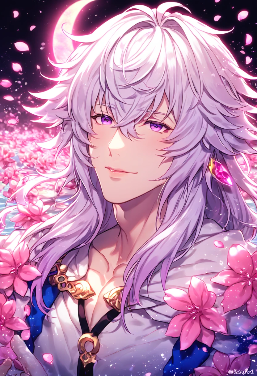 absurdres, highres, ultra detailed, HDR, master piece, Merlin, white hair, long hair, expressive light purple eyes, white tunic, white cape, Fate Gran Order, sexy man, handsome, best quality, pink glittering crescent moon, pink flowers, fantasy, magical, solo, water, pink shining fireflies, pink petals, sensual, horny, manly man, pink powers, pink crystal, close up