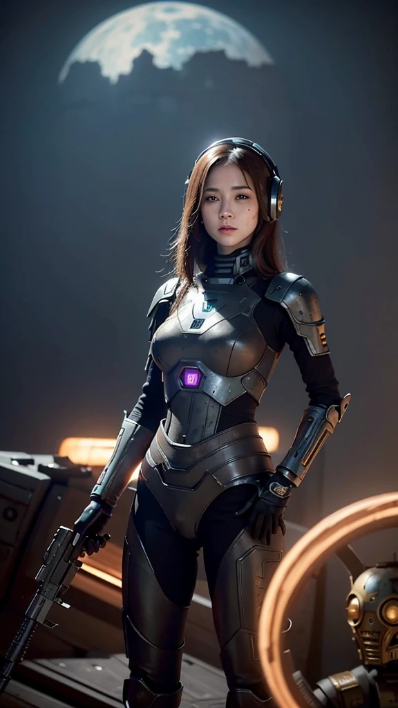 there is a woman holding a gun in front of a spaceship, ruined empire on the background, official character art, zombie from doom eternal, orianna, painting of c - 3 p 0, inspired by Sargent Johnson, heaven planet in background, juno promotional image, full helmet