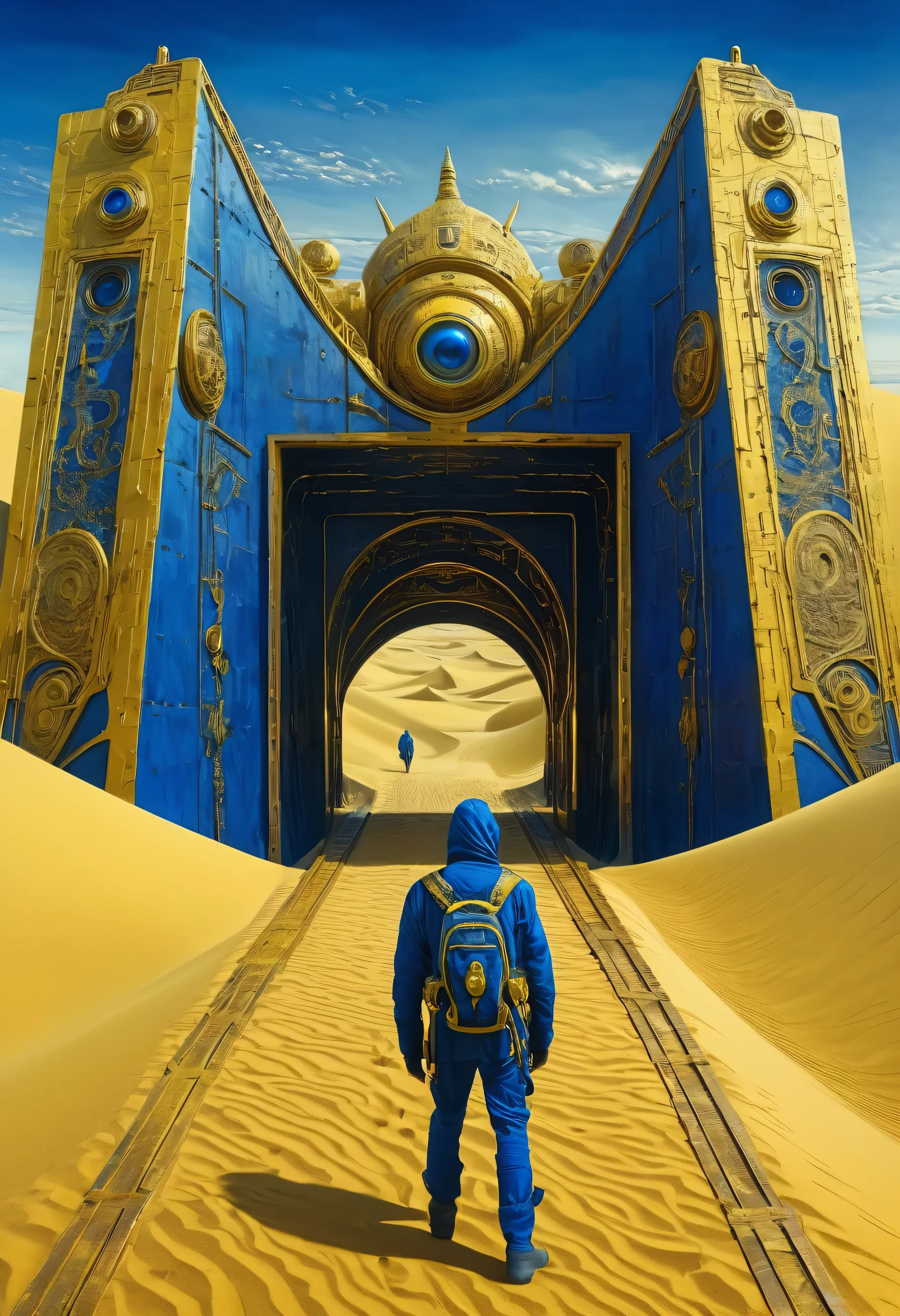 Crazy futuristic dude joining on his dream, crossing bridges and gates, new world coming into his eyes, fantastic creatures on big dunes of golden yellow sand, bizarre surrealistic storytelling of multiple happenings, high relief texture like plaster, high tech ornaments, horror movie scene, dark blue and light yellow, blue and yellow, royal blue and golden yellow, 4D, 8K, photorealistic, dreamlike, big and complex composition, masterpiece, artwork by Jeremy Mann, artwork by Beksinski, artwork by Bernie Wrightson, artwork by René Magrite, Surrealism, Impressionism