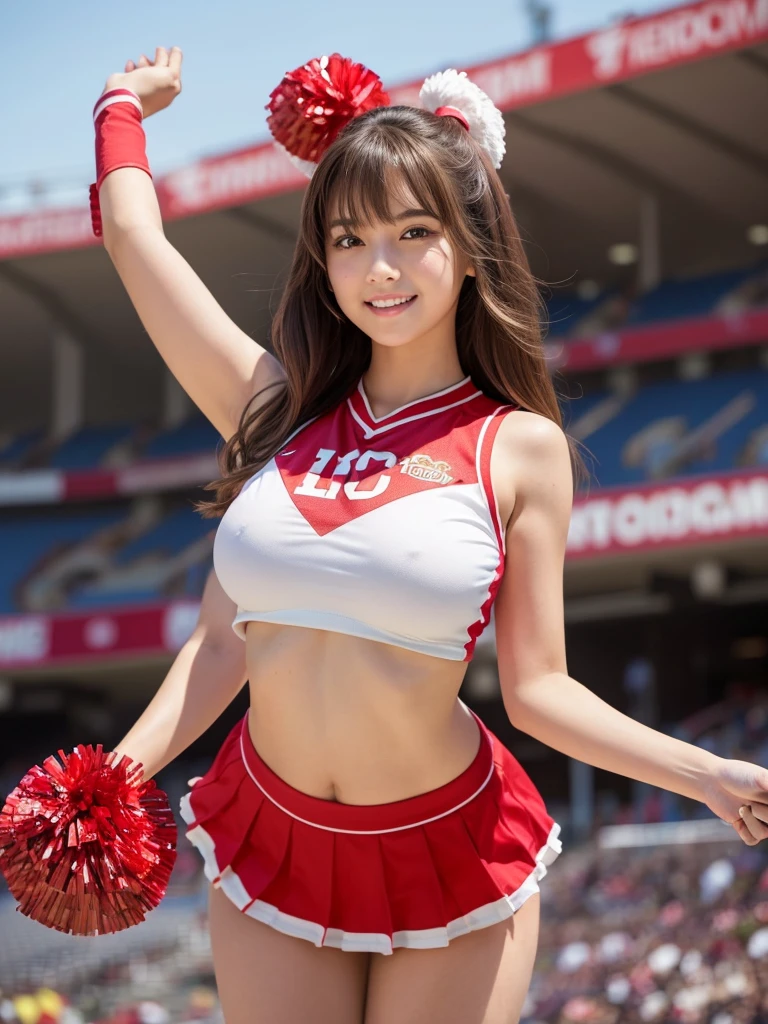 masterpiece,Highest quality,Very detailed,High resolution,(Realistic,photoRealistic:1.37),Excellent anatomy,One beautiful woman,18-year-old,height:152 cm,Red Cheerleader,(Holding big pom-poms in both hands:1.5),Big smile,cheer leading,Cheerleader uniform,(shape),Micro Pleated Mini Skirt,No underwear,((Very delicate and beautiful)),((Stadium Background:1.2)),Brown Hair,Long Hair,bangs,Very beautiful face,Cute type,Big Natural Color Lip,Small and cute nose,Big and pretty eyes,Brown eyes,Obvious double,Shiny highlight spots around the eyes,Character Focus,Tilt your head,The best light,Best Shadow,mysterious,Perfect Face,Very detailed,Soft Skin,(Glowing Skin,Sweaty:1.2),Beautiful legs,Voluptuous thighs,Plump body,Huge breasts,(Expresses the roundness and softness of the chest area..........1),Beautiful body,(Perfect Woman),Lift your legs,Skirt flip,Bold sexy pose,((cheer dance pose))