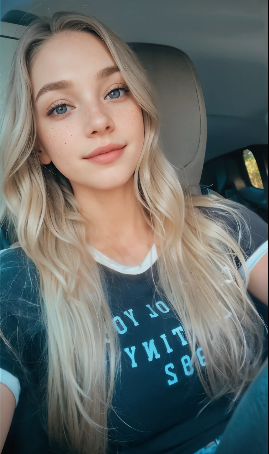 Face of a woman, americana, age 25, pale skin and freckles, grey-eyed, delicate nose, soft and delicate lips, Long Wavy Gray Blonde Hair, Sweet smile,