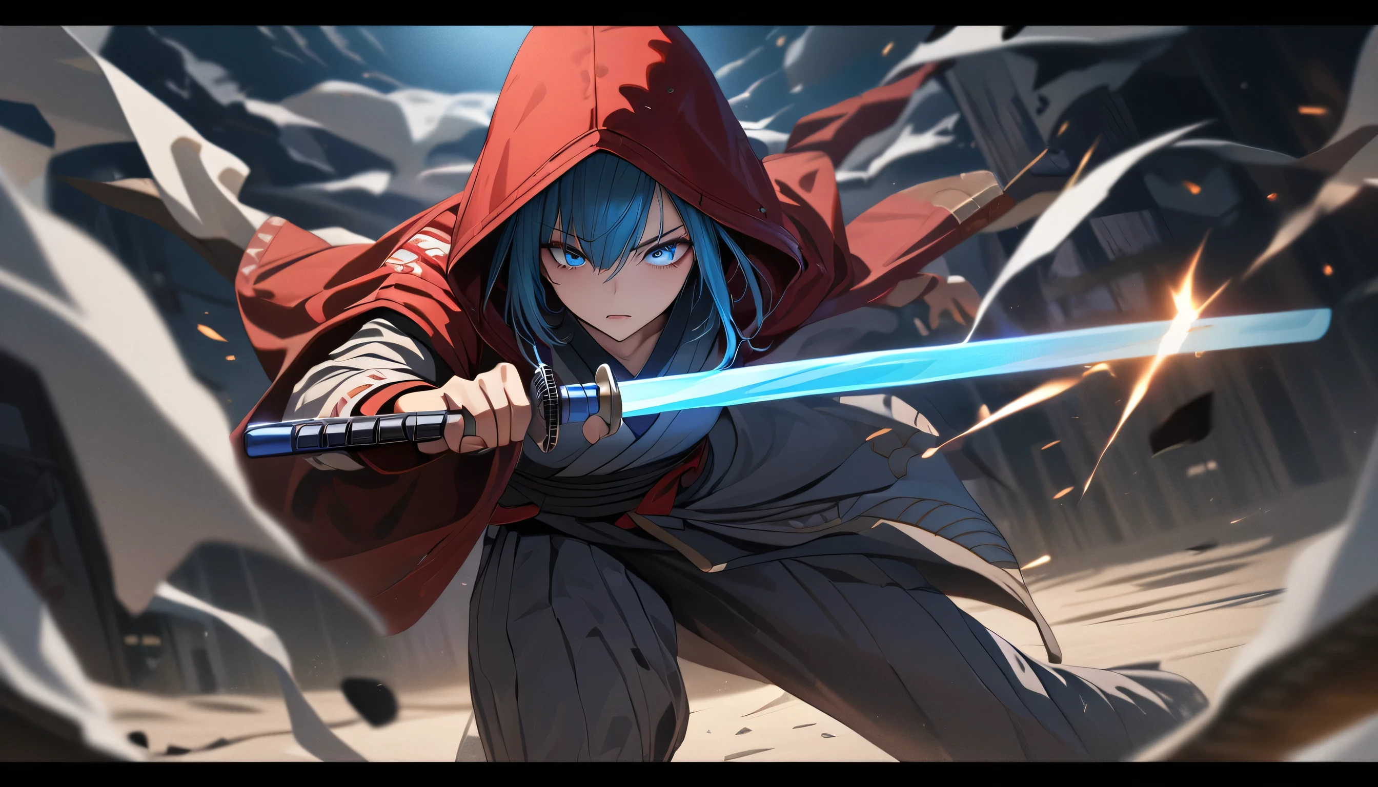 (Super detailed, ultra hd, 8k, best quality, masterpiece, super realistic) girl, alone, red hood, ronin cloth, cyan eye, realistic eye, detailed eye, shining eye, holding lightsaber, blue lightsaber (war, bloodlust, intense situation, serious environment, night)