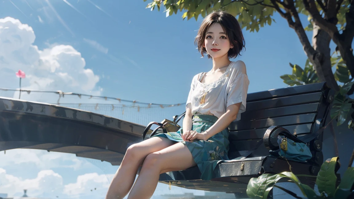 cute young short hair girl chilling around the city, the sky are blue and very happy joyful day, she is wearing a modern shirt with cute flower skirt, soft color