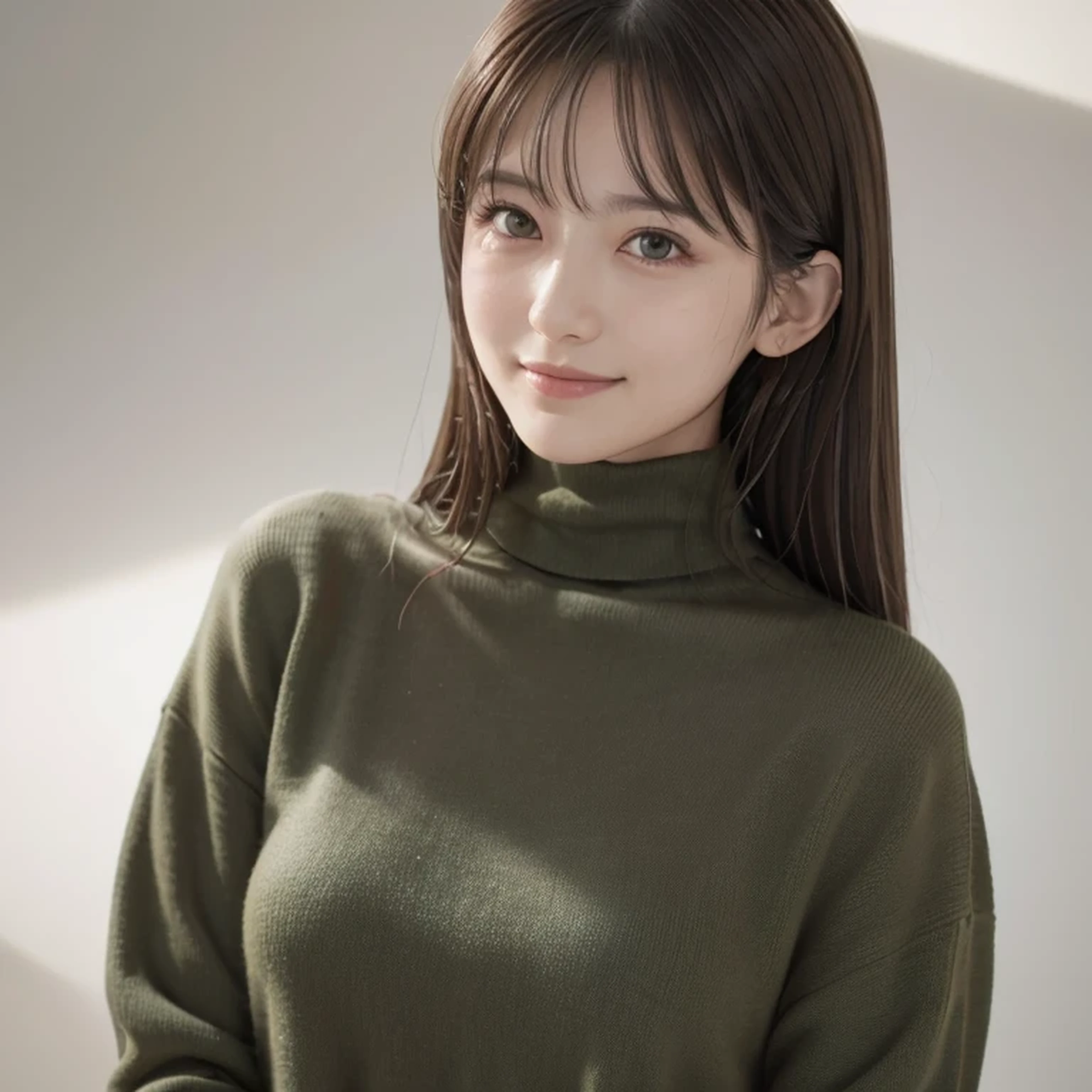 19-year-old girl, (Dark green lightweight turtleneck sweater), RAW Photos, Highest quality, Realistic, Very delicate and beautiful, Very detailed, 8k wallpaper, High resolution, Soft Light, Very detailed目と顔, Beautiful and detailed nose, Fine and beautiful eyes, Cinema Lighting, City lights at night, Perfect Anatomy, Slender body, Shapely breasts, Straight hair, smile, Asymmetrical bangs, Light brown hair