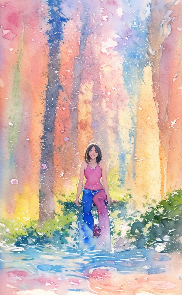 (masterpiece),(best quality:1.2),(Very detailed:1.2),(high resolution),(((watercolor))),8K,A woman sits and admires the hydrangeas blooming on the street,leggings,sports shoes,透明watercolor,(Smile)