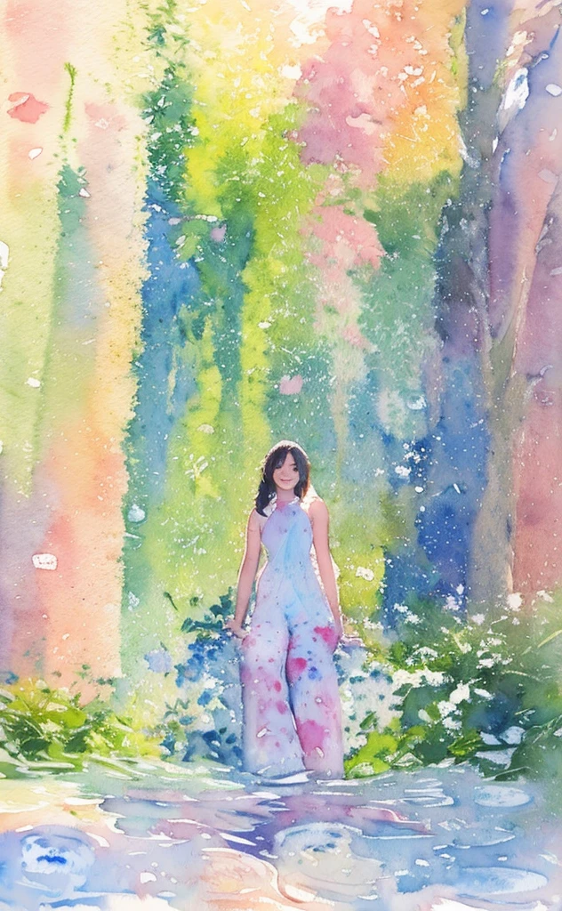 (masterpiece),(best quality:1.2),(Very detailed:1.2),(high resolution),(((watercolor))),8K,A woman sits and admires the hydrangeas blooming on the street,leggings,sports shoes,透明watercolor,(Smile)