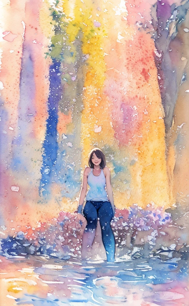 (masterpiece),(best quality:1.2),(Very detailed:1.2),(high resolution),(((watercolor))),8K,A woman sits and admires the hydrangeas blooming on the street,leggings,sports shoes,透明watercolor,(Smile)