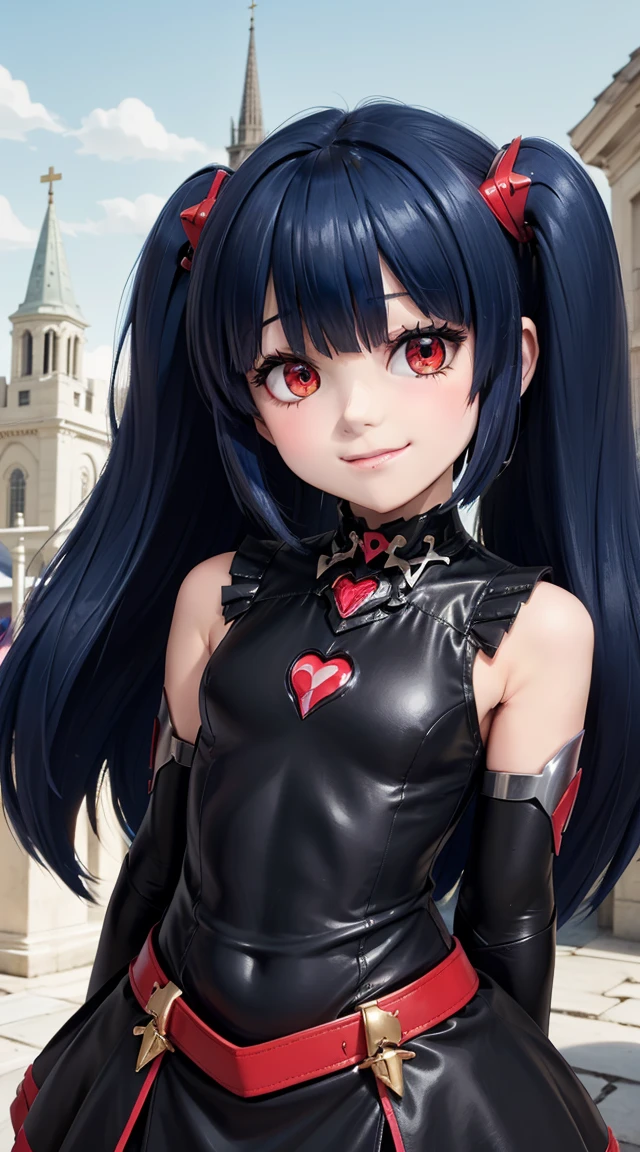 (cabello despeinado), (illustration), retrato, (fondo de ciudad futurista), (arms behind back), Cintura delgada, gran sonrisa, abdominales fuertes, chica delgada, strong abs, muscle girl, front pose, big thighs, focus on face, flat chested, large cathedral background, blue hair, shirt with skirt, on rock, detailed vagina, nude, heavy knight armor, mecha musume, pale skin, gothic dress, twin tails, red eyes, heart accesories details, ((9year old girl:1.5)), complete anatomy, children's body, child, super cute, girl, random poses, random angles,