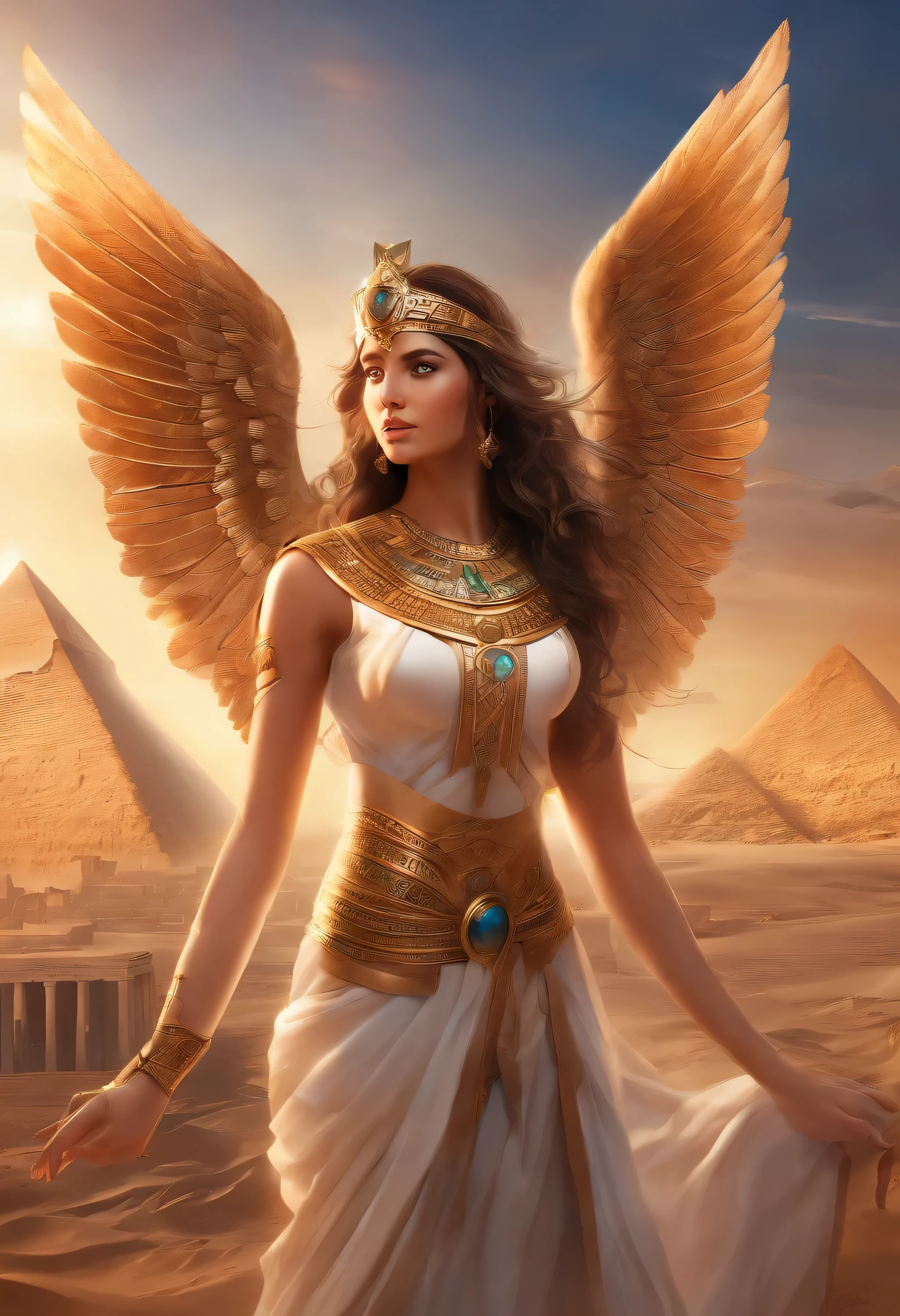 realistic woman photo, woman brown eyes, chestnut hair, ultra HD, surrealist style, Angel of Egypt, semideus, goddess , Face ultra detailed, Hieroglyphics