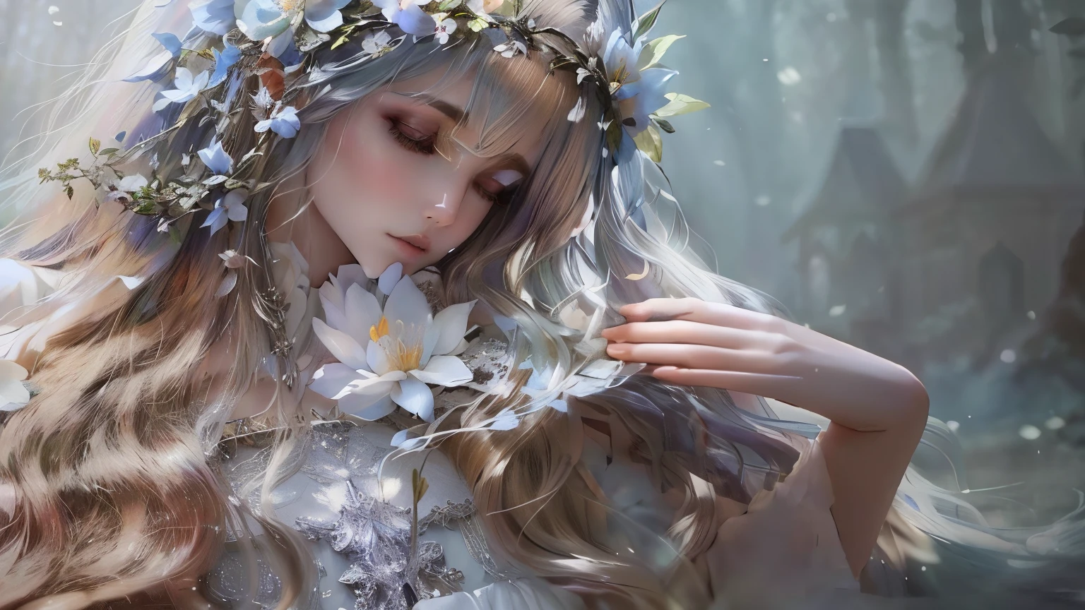 Long haired angel woman with flower crown, Heavenly Beauty, Fantastic fairy tale, very beautiful elven top model, Ethereal Hair, A surprisingly young and mysterious person, incredibly fantastical, There are frozen flowers around her, Beautiful maiden, Very ethereal, Long, shiny, elegant hair, Charming Bohemian Princess, Hermosa Hada, beautiful elven princess, Fairy aesthetics, Beautiful fantasy maiden
