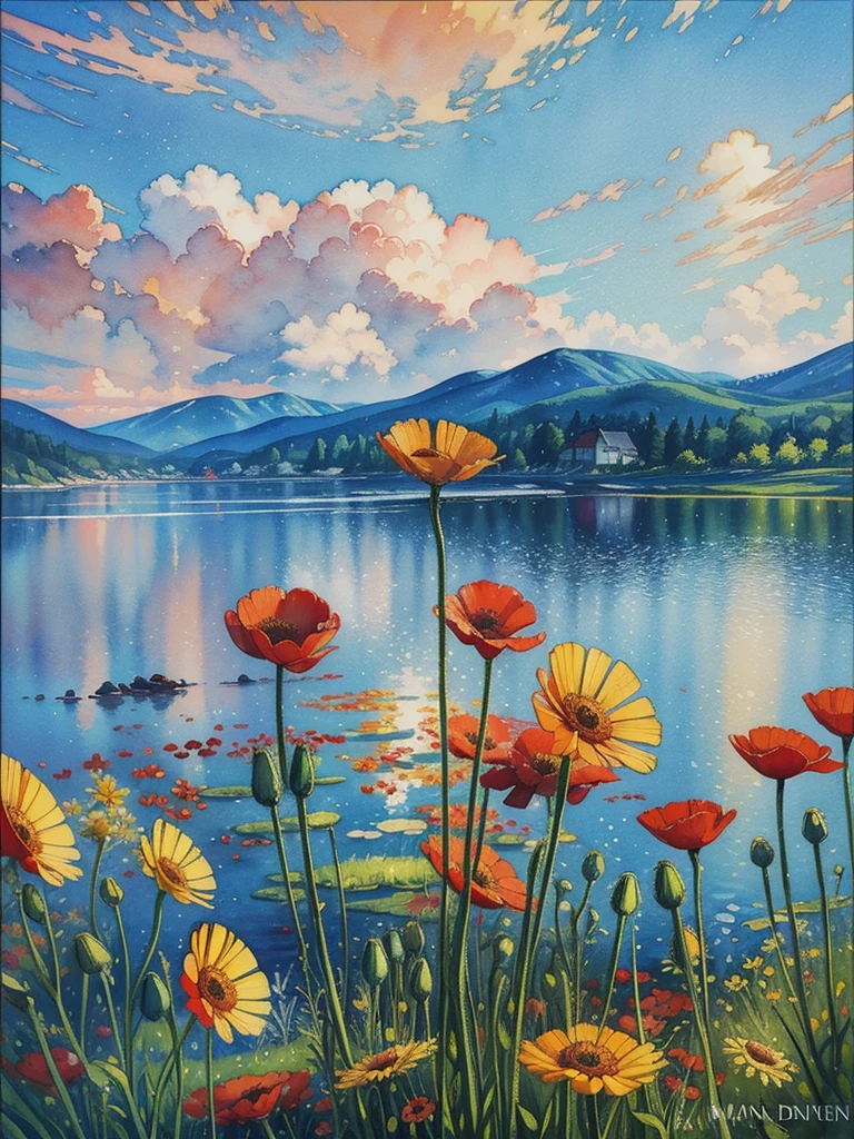 a painting of red and yellow flowers in front of a body of water, a pointillism painting, poppies, detailed watercolor painting, daisies and poppies, watercolors on canvas, romanticism landscape painting, by Anne Dunn, floral splash painting, painting on silk, highly detailed water colour 8k, highly detailed water colour 8 k, watercolor landscape, a watercolor painting