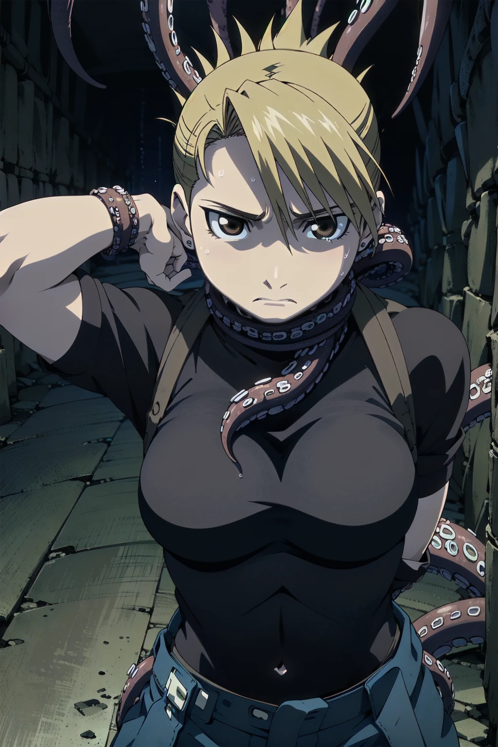 masterpiece, Highest quality, High resolution, 1 Girl, Hamriz, ponytail, Brown eyes,big , Black Shirt, Tight shirt, holster, Short sleeve, belt, Covered navel, Blue pants,Inside the room、Upper body close-up、Muscular body、blush、Sweat、Composition from the front、anime、Hide your arms behind your back、(((tits、Torn clothes、Torn clothes、Her breasts are completely visible)))、tears、(In the cave),(monster),(((Many tentacles wrapped around the body))), One girl, alone, ((Many tentacles bind his arms)), ((Narrow waist)),Large Breasts,Troubled expression