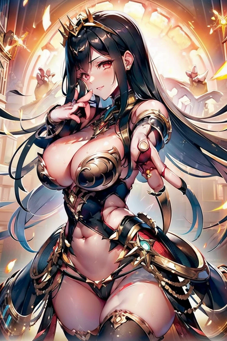 ((((((outstretched hands, out stretched fingers, outstretched arms)))))) black hair, bare shoulder, red eyes, very long hair, cleavage, large breasts, dress, showgirl skirt, high-leg, cleavage cutout, tiara, bare thighs, gauntlets, bare shoulder, spread fingers, bare fingers, bare hands, good hands, best hands, Correctly aligned fingers, extremely detailed hands and fingers, ultra detailed hands and fingers, super detailed hands and fingers, perfect hands and fingers, biologically accurate hands and fingers, (((4 fingers and 1 thumb accurate hands and fingers:2))), beautiful hands and fingers, hands and fingers drawing, human hand and fingers, perfect arrangement of fingers, detail focus hands, detail focus fingers, perfection hands, better hands, adult face, fearless face, (((both arms, two arms, both hands, two hands))), super fine illustration, masterpiece, masterwork, by famous artist, official art, ultra high res, best quality, high quality, Hand, detailed, perfect, perfection , hands, both hands is Thumb and index finger and middle finger and ring finger and little finger, even hands, panties, thighhighs, symmetrical bangs, gleaming skin, oil skin, shiny skin, wet skin, sweat, rouge, exquisite, beautiful, extremely detailed cg unity 8k wall paper, perfect face, ultra detailed beautiful face, perfect nose, perfect mouth, clear eyes, light eyes, perfect eyes, symmetrical eyes, even eyes, 16k portrait, absurdres, perfect body, perfect anatomy, perfect proportion, perfect arms, perfect torso, symmetrical hands, symmetrical arms, open arms for viewer, extremely detailed cg, beautiful artwork, production art, ultra quality, high quality, finely detailed, insanely detailed, absolutely resolution, raw photo, fantastic, amazing, beautiful portrait of cute anime girls, hdr, very aesthetic, cinematic, super detailed skin, top quality, intricate, professional quality, highly detailed, crisp quality, sharp focus, rich contrast, extremely high resolution, realistic hands,