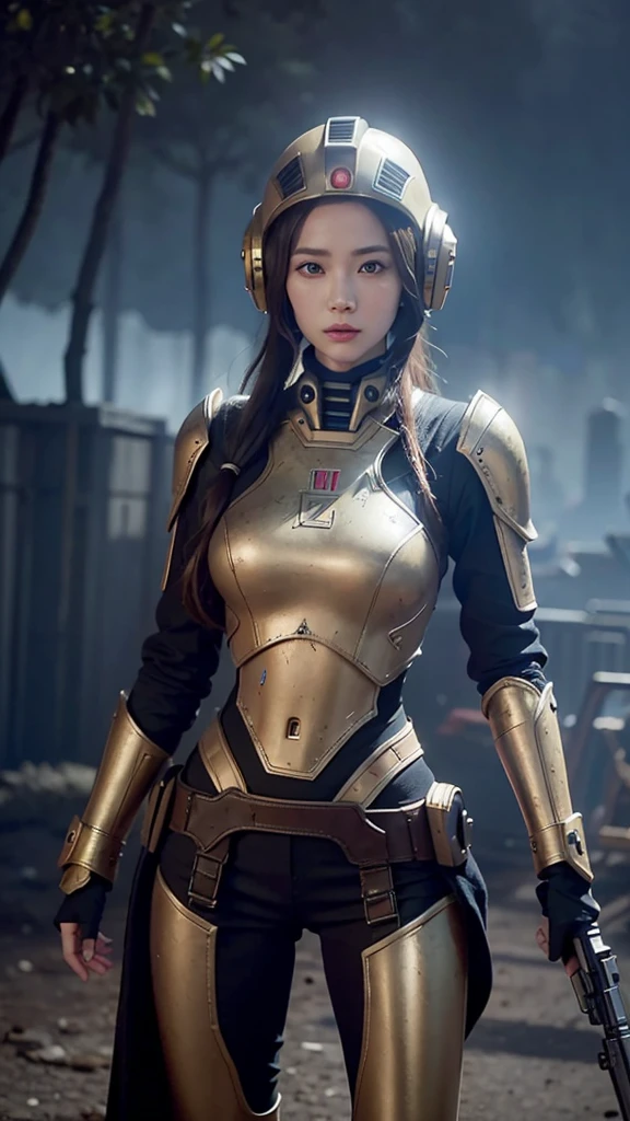 there is a woman holding a gun in front of a spaceship, ruined empire on the background, official character art, zombie from doom eternal, orianna, painting of c - 3 p 0, inspired by Sargent Johnson, heaven planet in background, juno promotional image, full helmet