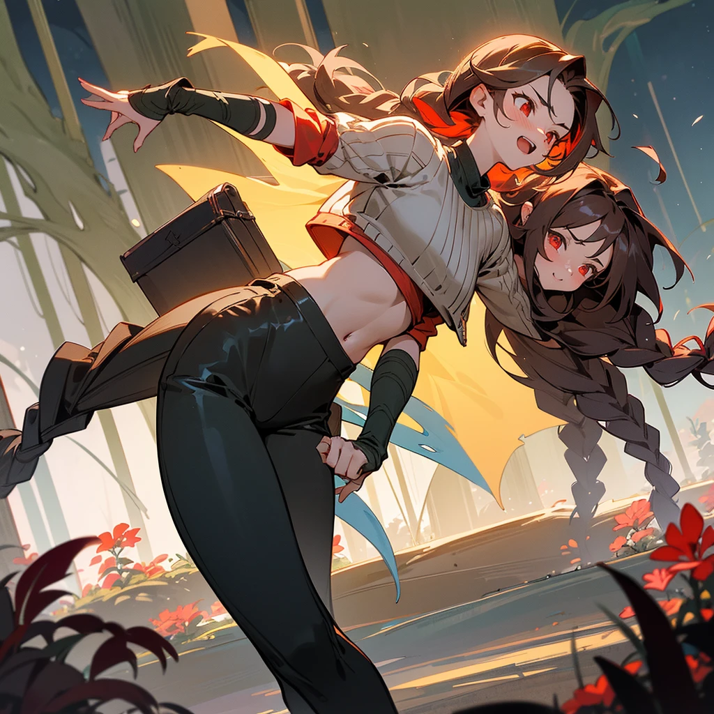 1female, sexy, young , finely detailed red eyes, wild long hair, braided hair, dark brown color hair, adventurer gear, crop top sweater, baggy combat pants, night time, dark forest, excited expression, flowers, blushing, standing on path, lanturns, black armband