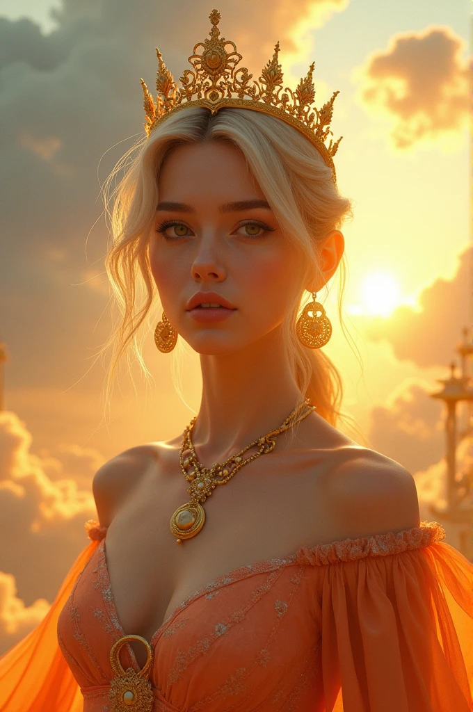 a radiant fantasy landscape, a girl in the center, beautiful detailed eyes, beautiful detailed lips, extremely detailed face, long eyelashes, ornate golden crown, intricate golden jewelry, flowing dress, ethereal glowing aura, sunbeams shining through clouds, vivid colors, dramatic lighting, dramatic cinematic composition, photorealistic, highly detailed, 8k, best quality, masterpiece