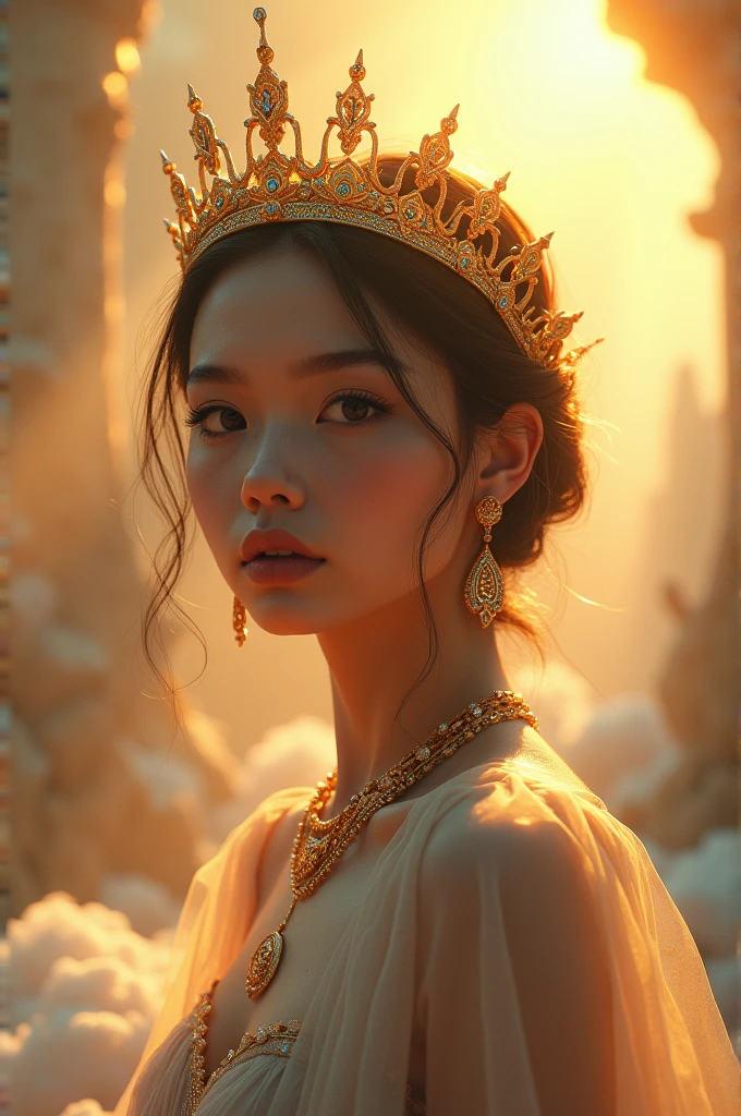 a radiant fantasy landscape, a girl in the center, beautiful detailed eyes, beautiful detailed lips, extremely detailed face, long eyelashes, ornate golden crown, intricate golden jewelry, flowing dress, ethereal glowing aura, sunbeams shining through clouds, vivid colors, dramatic lighting, dramatic cinematic composition, photorealistic, highly detailed, 8k, best quality, masterpiece