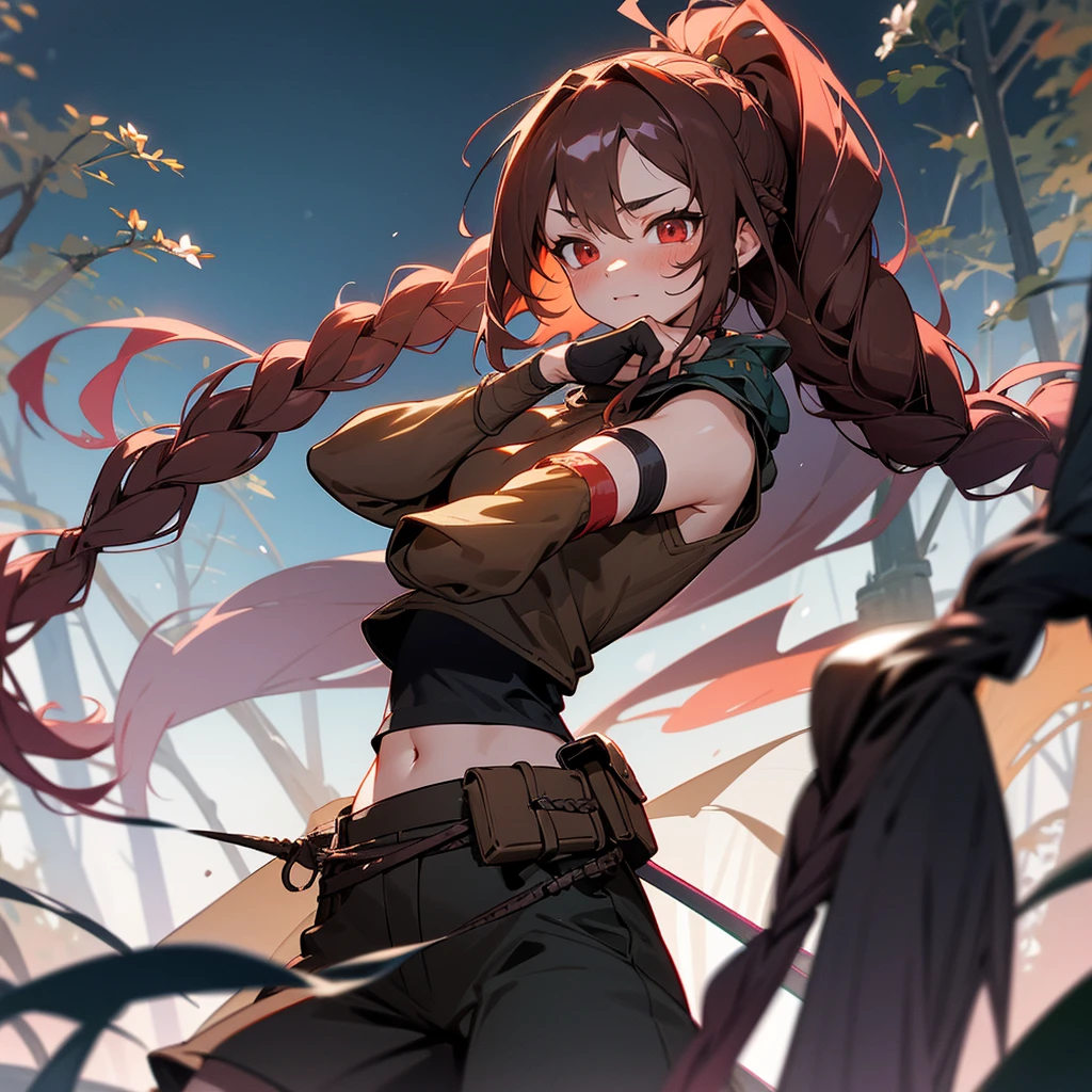 1female, sexy, young teen, finely detailed red eyes, wild long hair, braided hair, dark brown color hair, adventurer gear, crop top sweater, baggy combat pants, night time, dark forest, excited expression, flowers, blushing, standing on path, lanturns, black armband