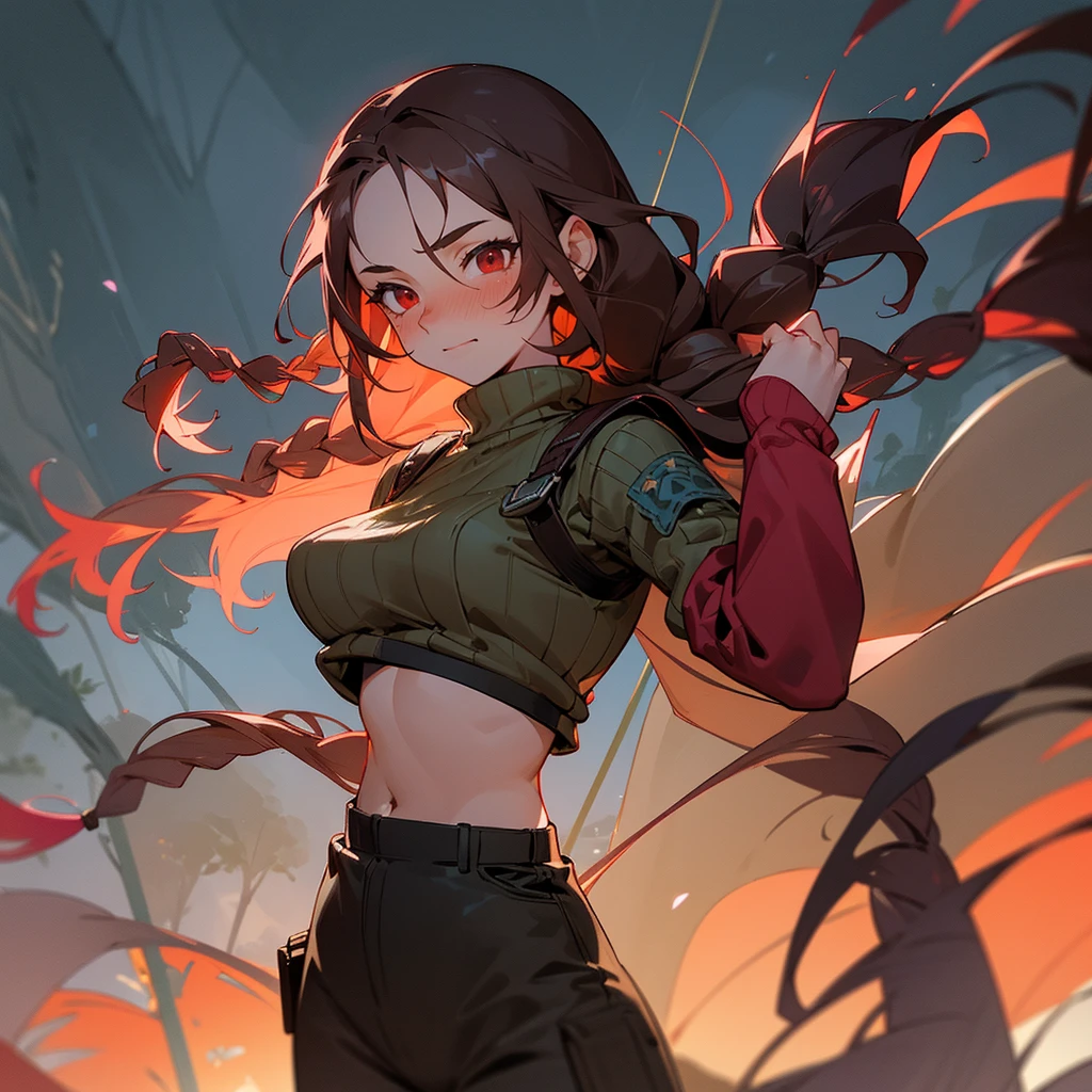 1female, sexy, young teen, finely detailed red eyes, wild long hair, braided hair, dark brown color hair, adventurer gear, crop top sweater, baggy combat pants, night time, dark forest, excited expression, flowers, blushing, standing on path, lanturns, black armband