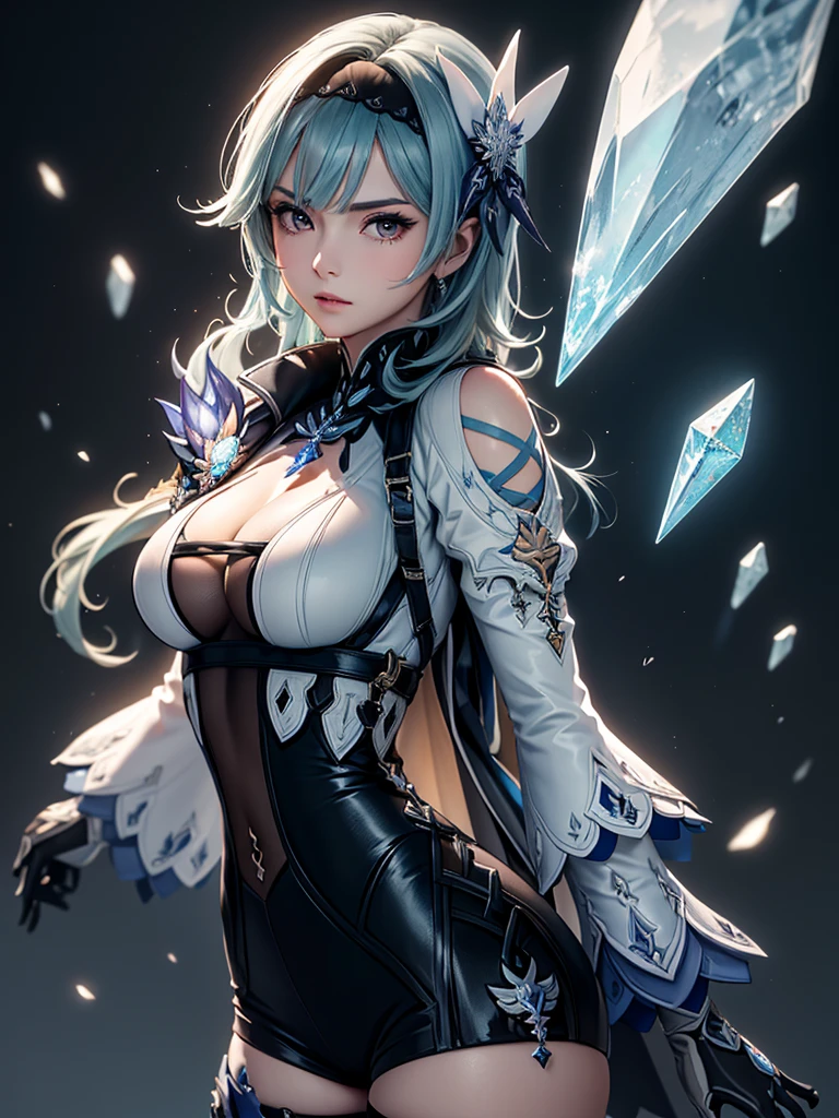 ((euladef)):1.5,((masterpiece,Highest quality,Highly detailed images,Beautiful images))1.4(Image of Eula leaning back with her arms raised、Huge crystal in the background、Overall dim lighting、Backlight、A fantastic atmosphere、Thick Fog、Dust flutters)1.3,(Close-up image of eula)1.1、(Her back is arched, Accentuate your breasts.、Turn your body to the viewer):1.2(Beautiful cleavage、Exposing cleavage)