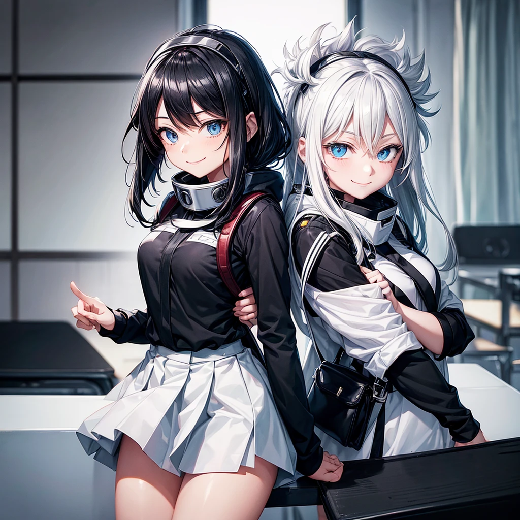 by the wide, black with white, with the female uniform of my hero academia, with a black backpack, with black headphones on the neck, blue eyes, smiling, in a class room. Version anime