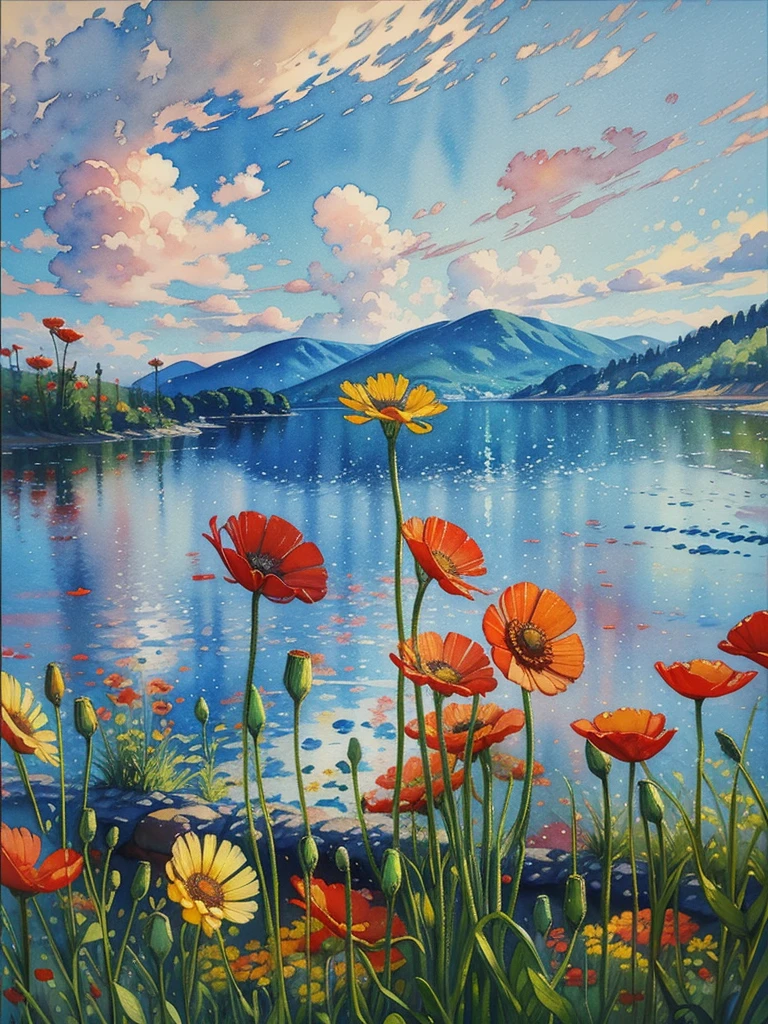 a painting of red and yellow flowers in front of a body of water, a pointillism painting, poppies, detailed watercolor painting, daisies and poppies, watercolors on canvas, romanticism landscape painting, by Anne Dunn, floral splash painting, painting on silk, highly detailed water colour 8k, highly detailed water colour 8 k, watercolor landscape, a watercolor painting