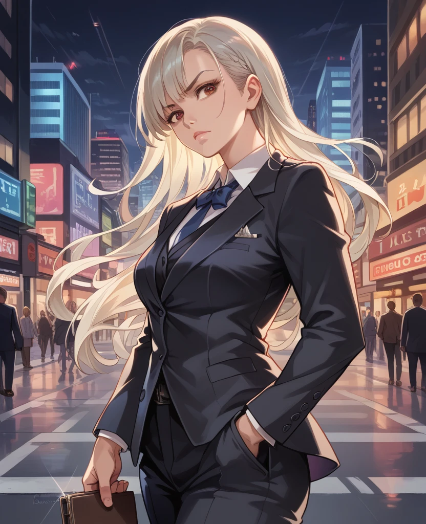 brown skin, long platinum blonde hair, hazel eyes, athletic body, tall female, bangs, black business suit, vest, mature female, realistic, photorealistic, ultra-detailed, 8k, highres, masterpiece, sharp focus, physically-based rendering, professional, vivid colors, elegant, sophisticated, powerful, confident, formal, serious, striking pose, on city street, chrome skyscraper, reflective glass, urban landscape, dramatic lighting