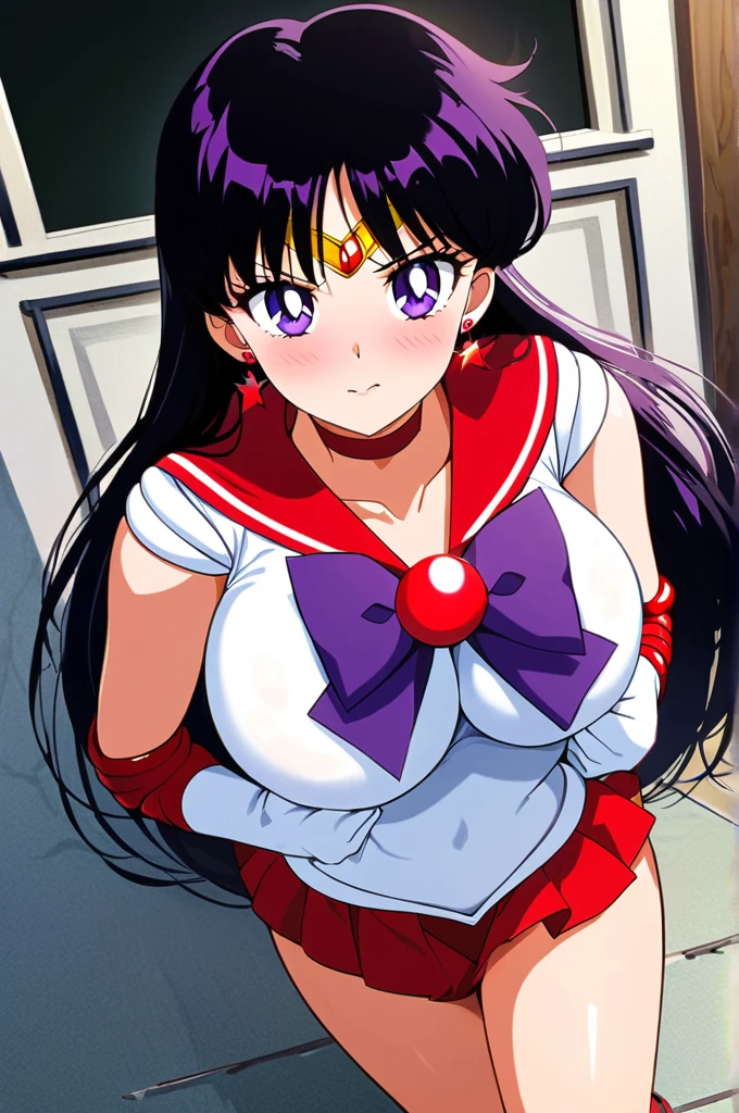 nsfw, nipples, topless, chalk (medium), 1990s \(style\), masterpiece, best quality, highres, perfect face, large breasts, 1girl, ReiHino, (sailor mars, neck ribbon, long hair, circlet, jewelry, crescent earrings), elbow gloves, white gloves, outdoors, blush, (embarrassed), arms behind back, 