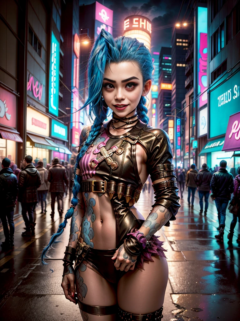 ((Jinx wears a Harajuku Tech costume), Cowboy-shot, wind, tousled hair, cyberpunk cityscape, (Aesthetics and atmosphere:1.2),smiling, Laugh，Super wide shot