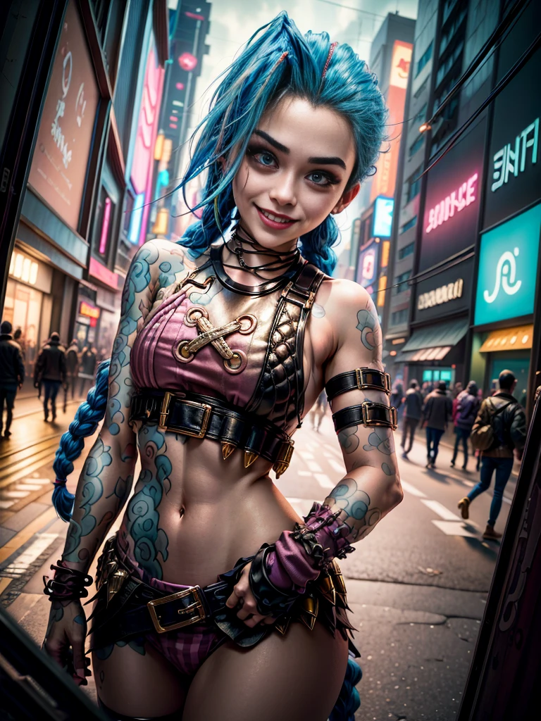 ((Jinx wears a Harajuku Tech costume), Cowboy-shot, wind, tousled hair, cyberpunk cityscape, (Aesthetics and atmosphere:1.2),smiling, Laugh,Super wide shot